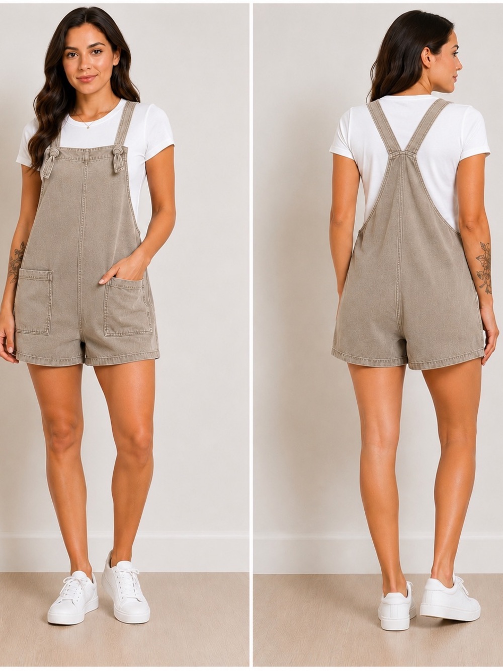Zenana Outfitters Short Denim Overall Romper in Taupe